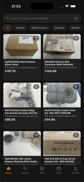 Revverse home screen showing car parts listings with prices